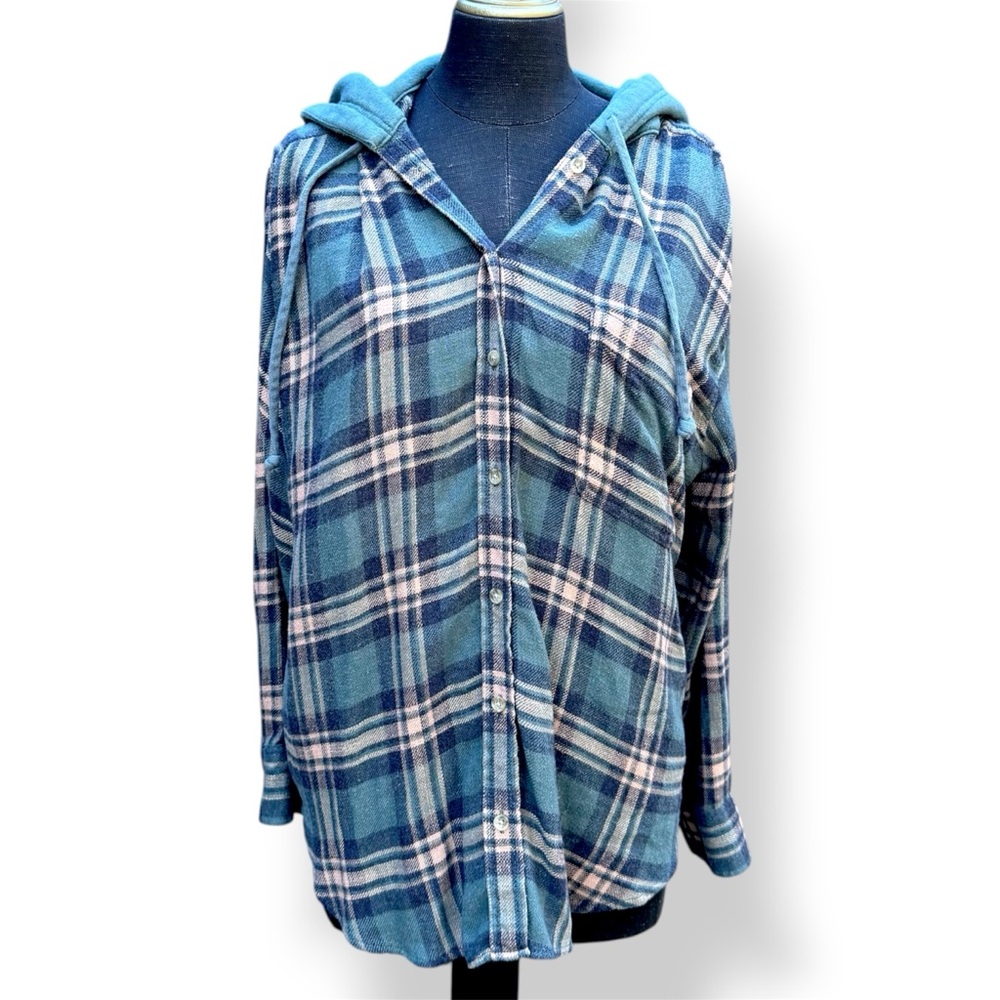 American Eagle Outfitters Button Down Hoodie Top Size Large Plaid Blue Green